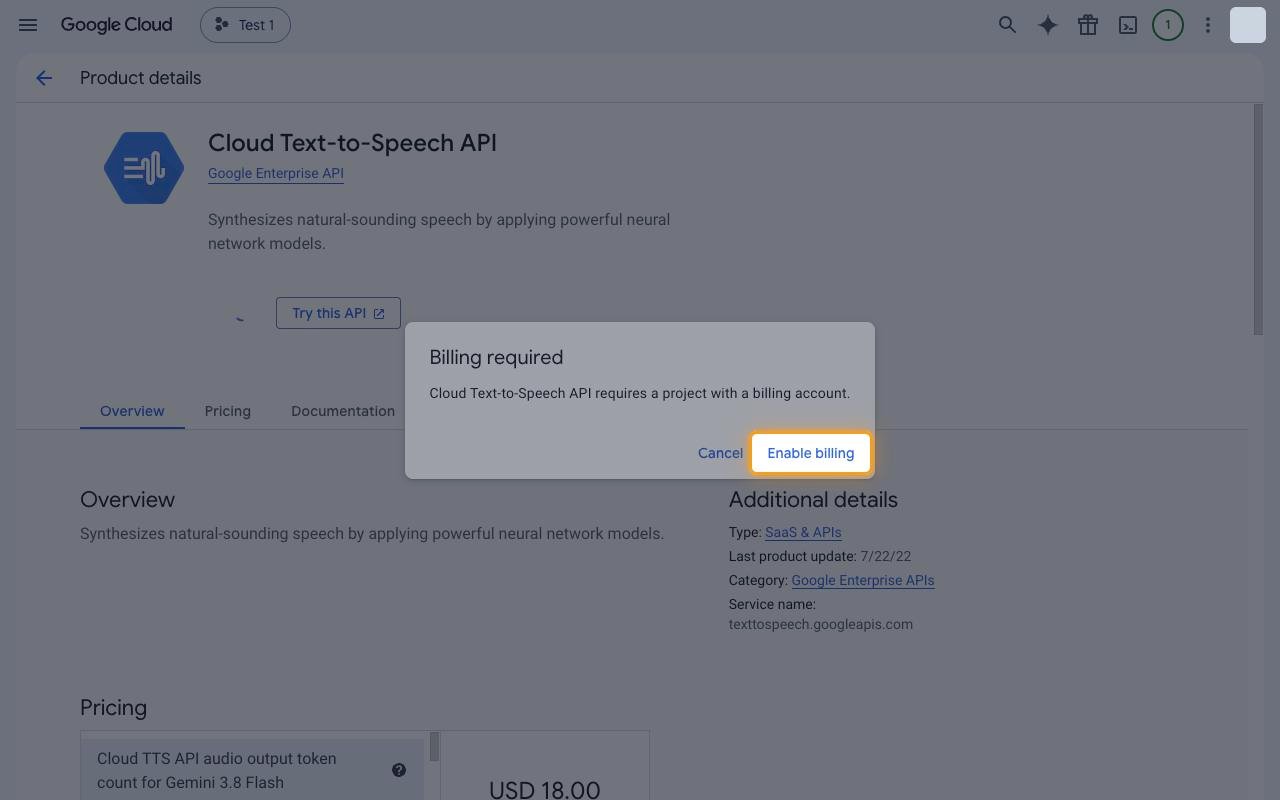 Billing required dialog with the Enable billing button highlighted