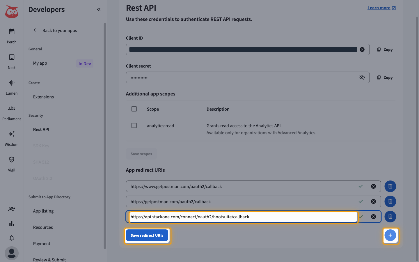 App redirect URIs with the new StackOne URI, the Save redirect URIs button and the plus button highlighted