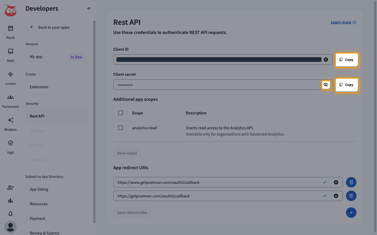 Rest API page with the Client ID Copy button, the Client secret eye icon and its Copy button highlighted