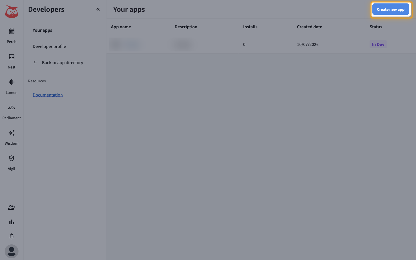 Your apps page with the Create new app button highlighted