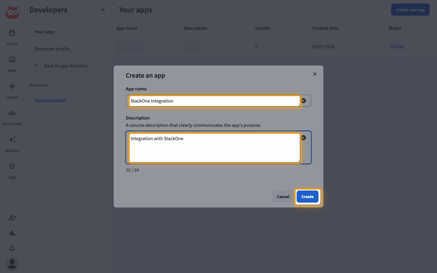 Create an app dialog with App name, Description and the Create button highlighted