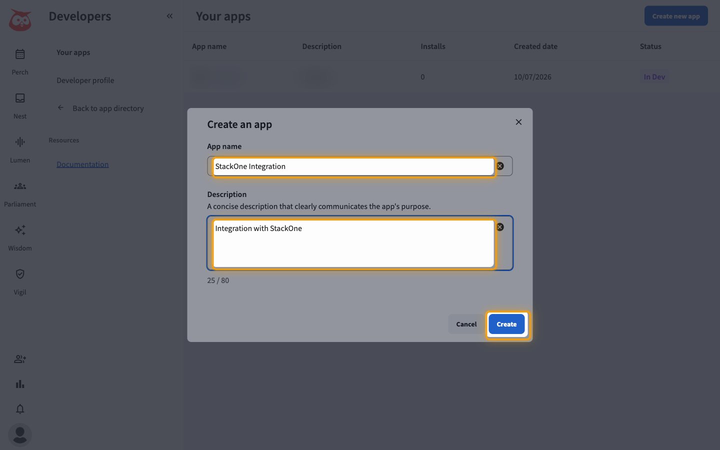 Create an app dialog with App name, Description and the Create button highlighted