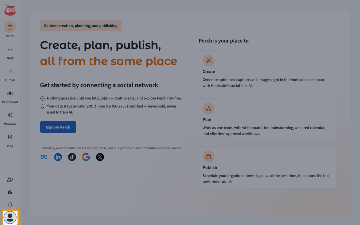 Hootsuite dashboard with the profile avatar highlighted at the bottom of the left sidebar
