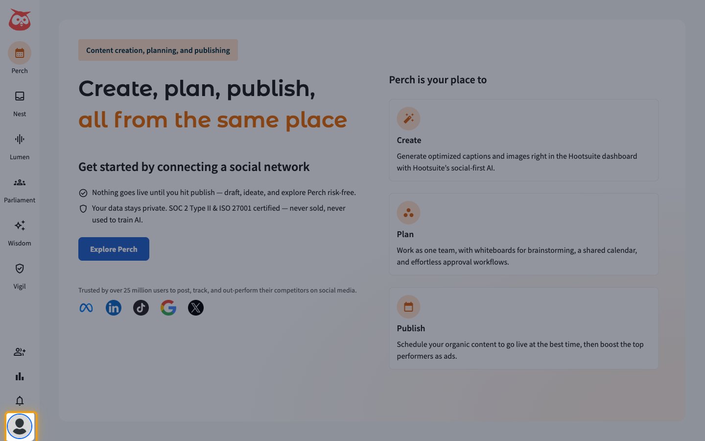 Hootsuite dashboard with the profile avatar highlighted at the bottom of the left sidebar