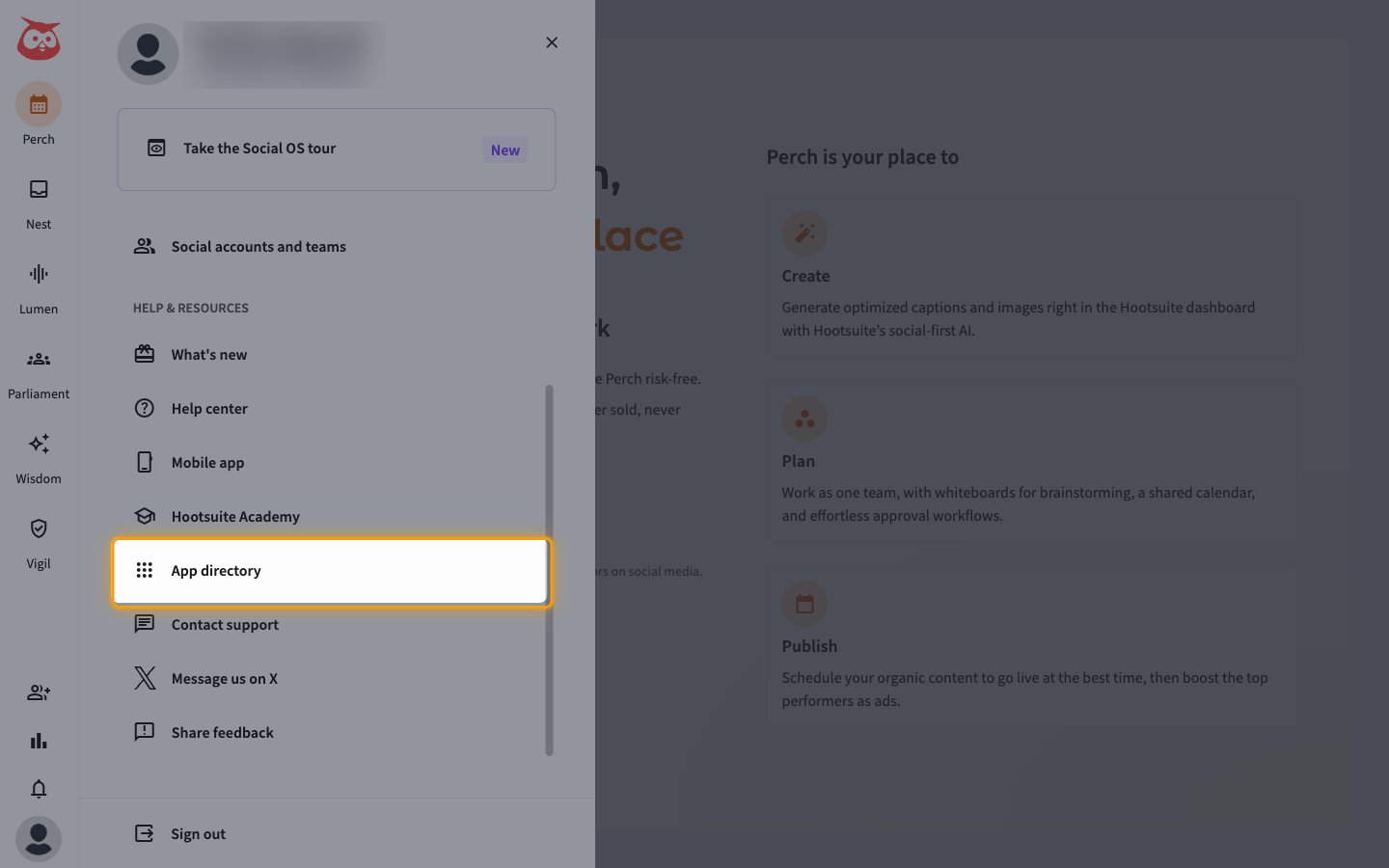 Account panel with App directory highlighted under Help and resources