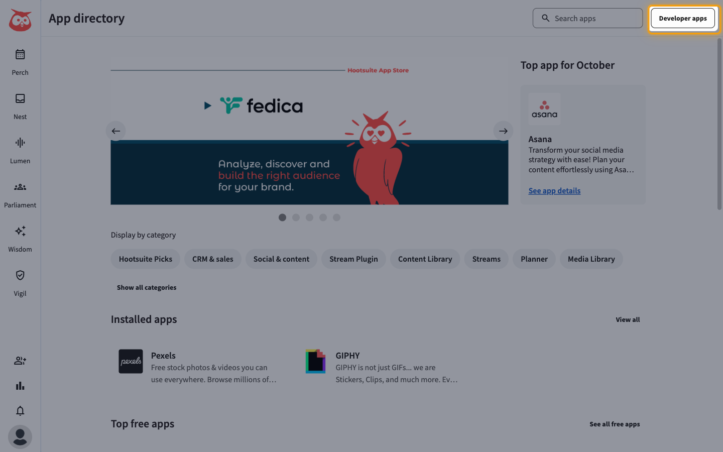 App directory page with the Developer apps button highlighted