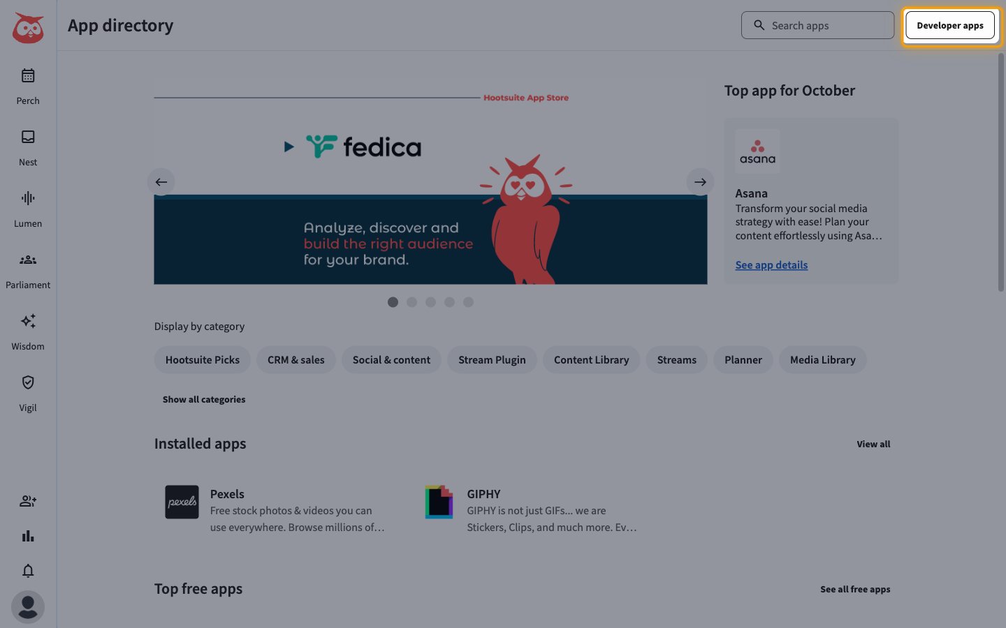 App directory page with the Developer apps button highlighted