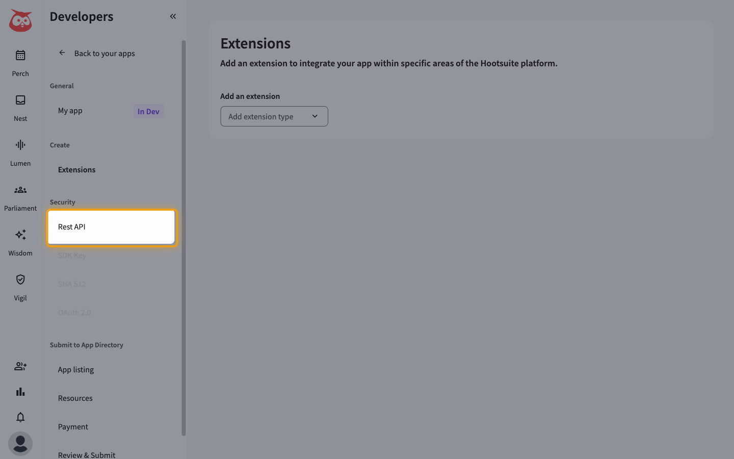 App navigation with Rest API highlighted under the Security heading