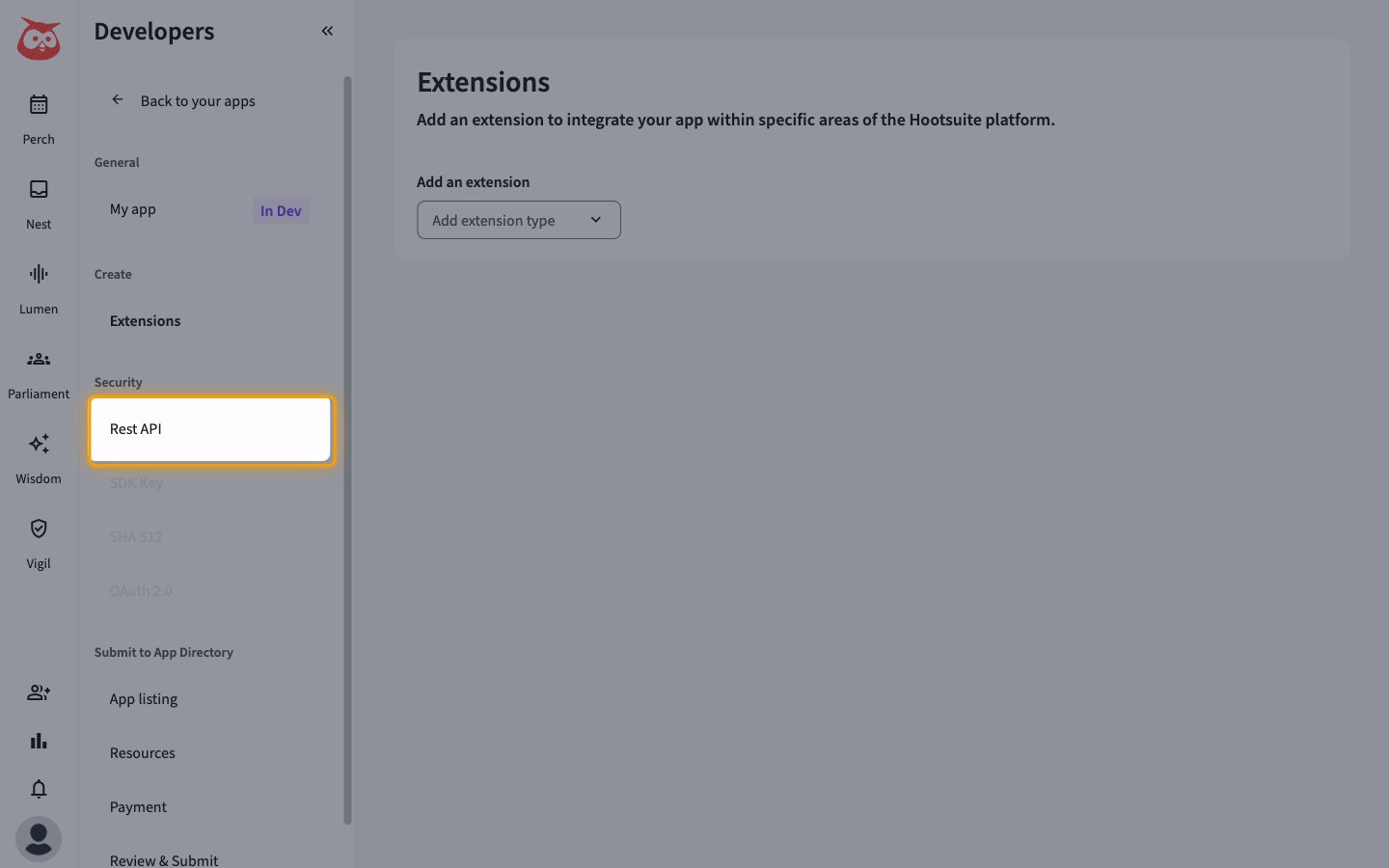 App navigation with Rest API highlighted under the Security heading
