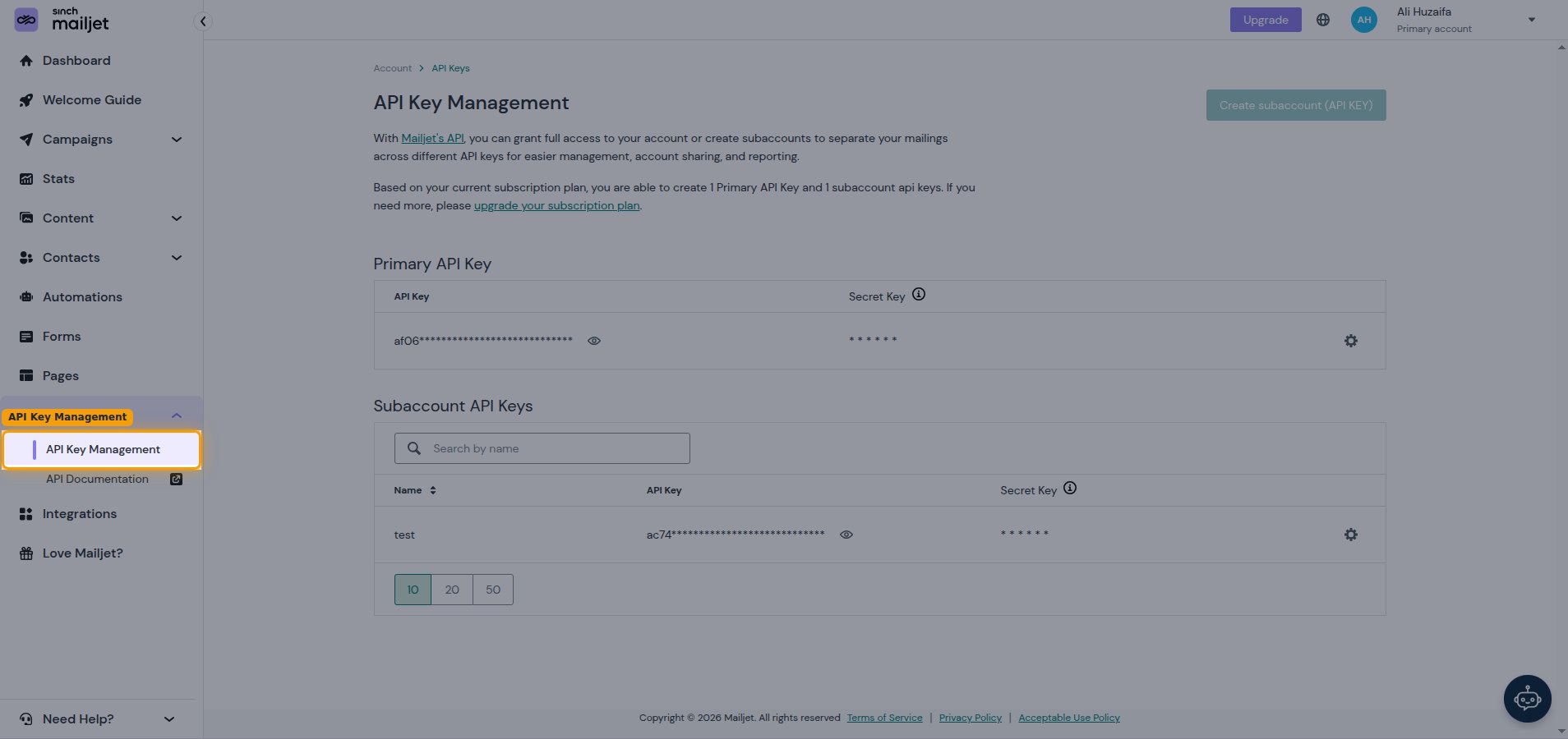 Mailjet API Key Management page with API Key Management selected in the left sidebar