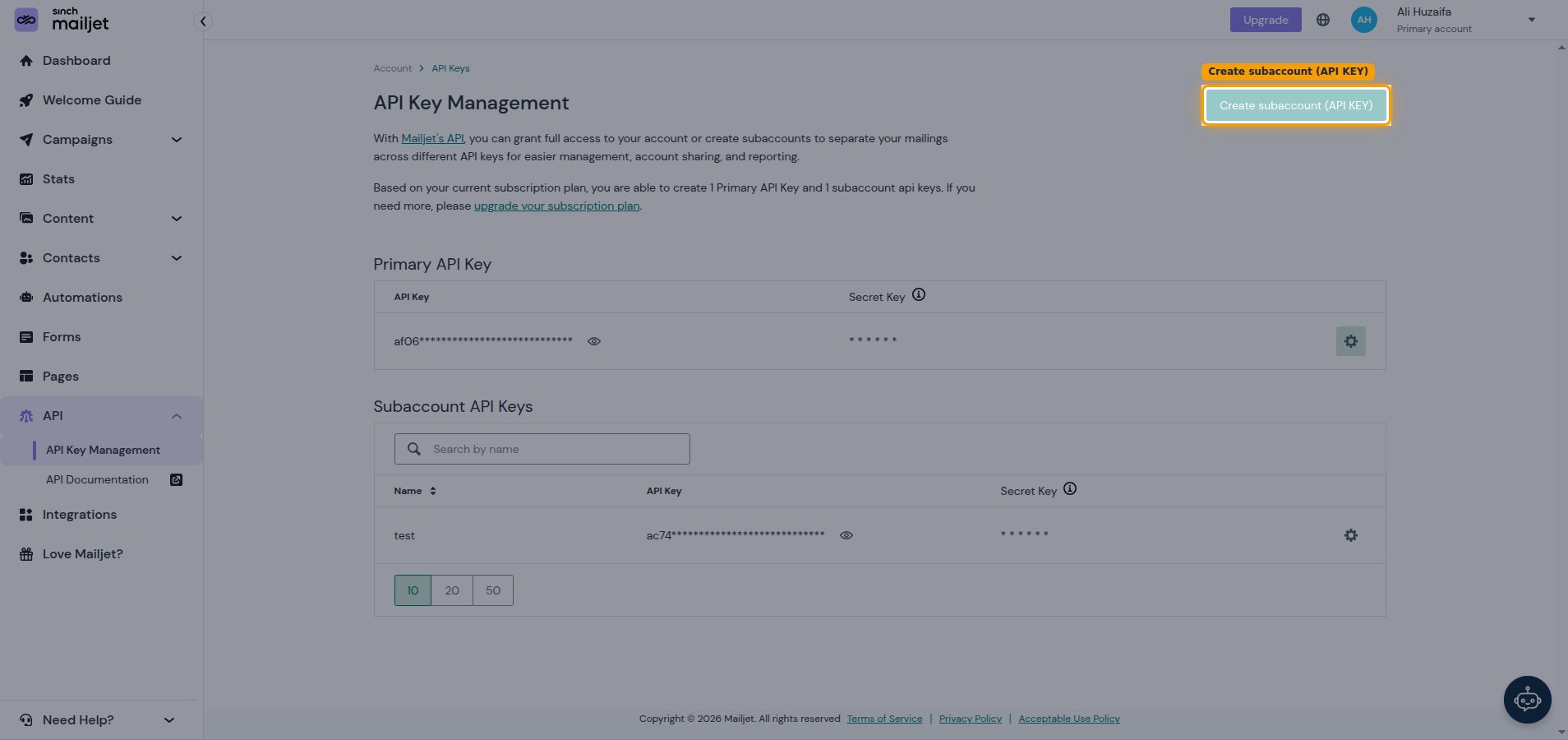 API Key Management page with the Create subaccount (API KEY) button highlighted