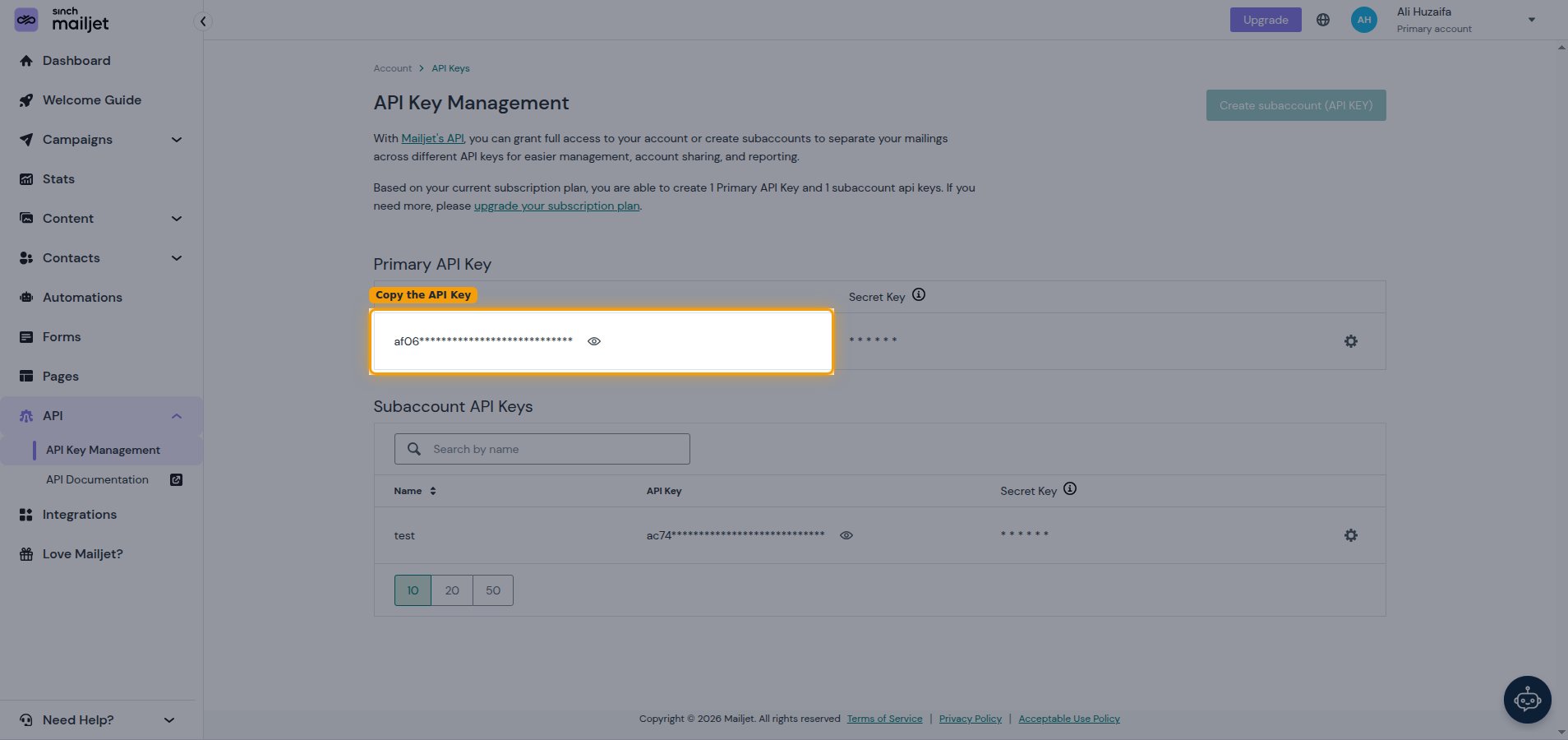 The Primary API Key section on the API Key Management page (shown here with a Secret Key already generated)