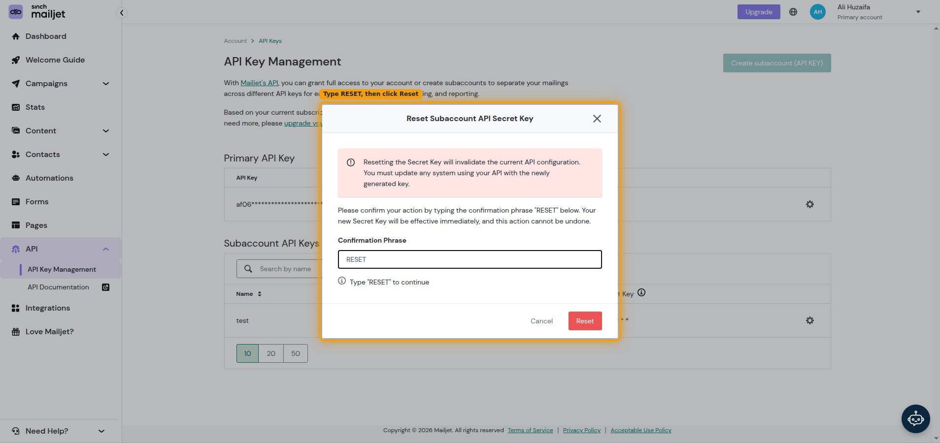 Reset Subaccount API Secret Key confirmation dialog with RESET typed in the Confirmation Phrase field