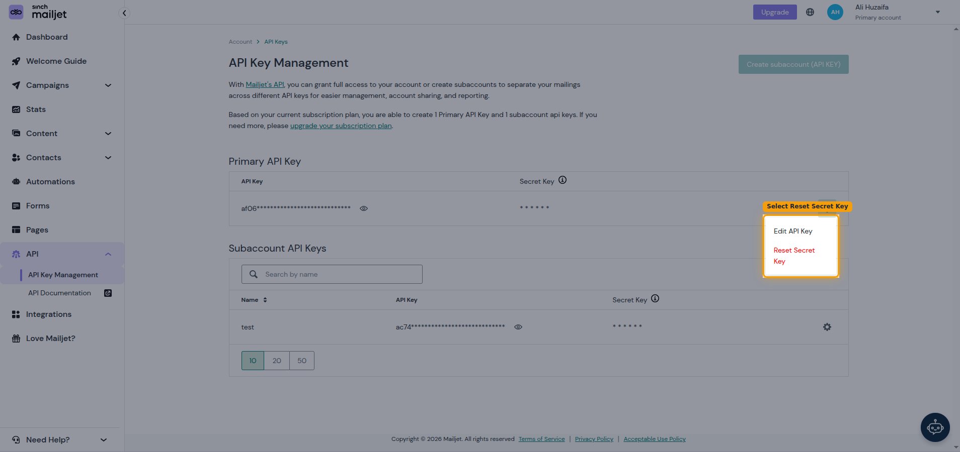 Settings menu on the Primary API Key row showing the Edit API Key and Reset Secret Key options