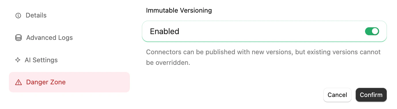 Immutable Versioning toggle enabled in the Danger Zone tab of Project Settings