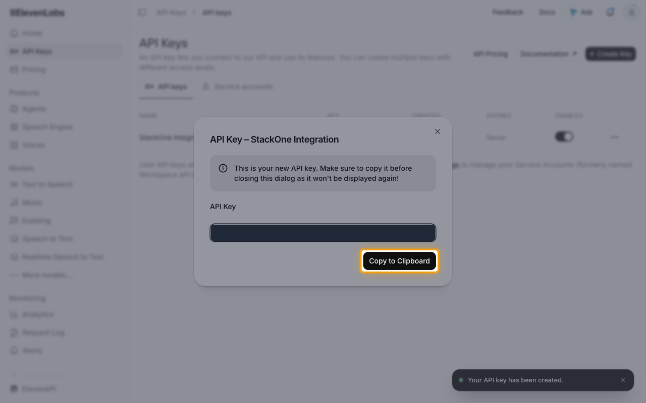New API key dialog with the key value hidden and the Copy to Clipboard button highlighted