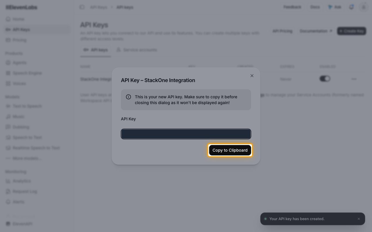 New API key dialog with the key value hidden and the Copy to Clipboard button highlighted