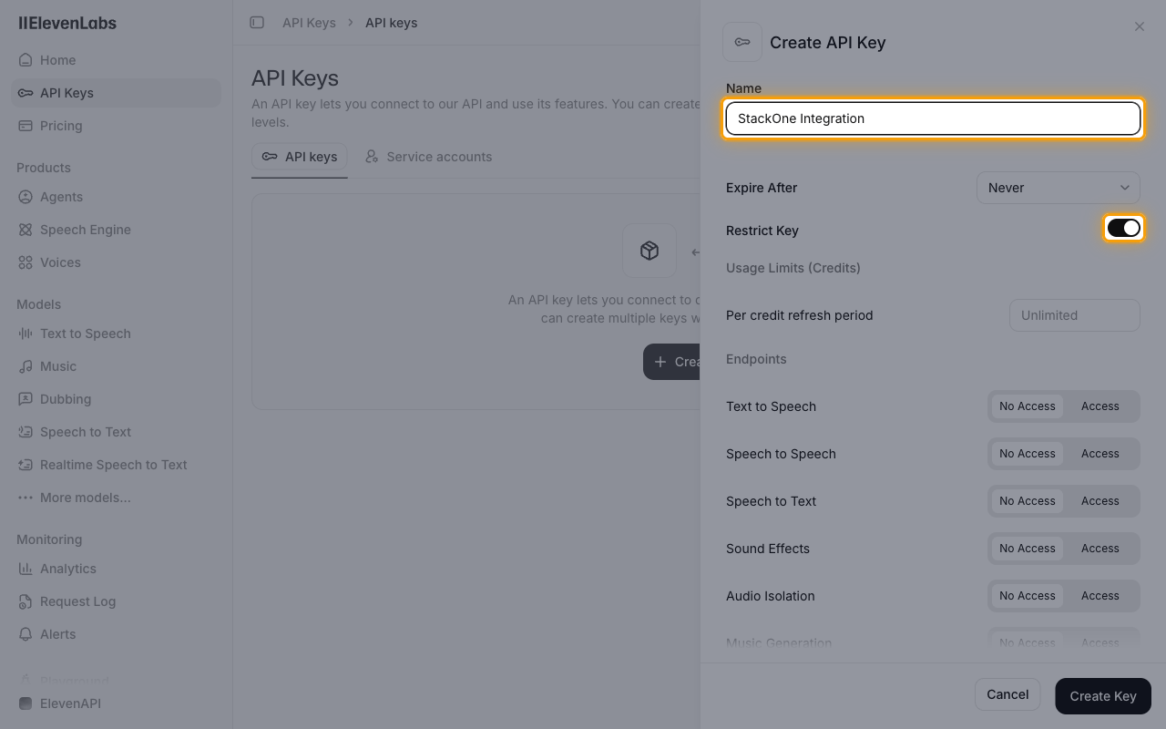 Create API Key panel with the Name field and the Restrict Key toggle highlighted