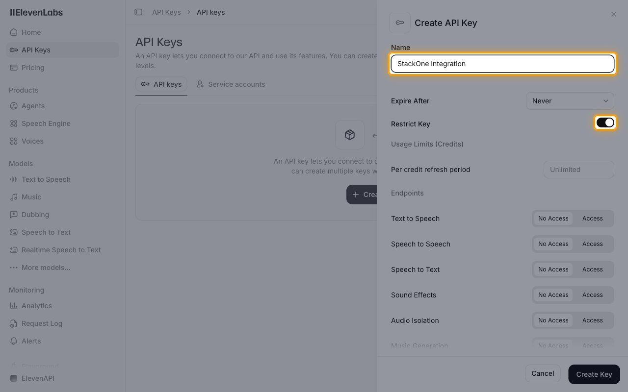 Create API Key panel with the Name field and the Restrict Key toggle highlighted