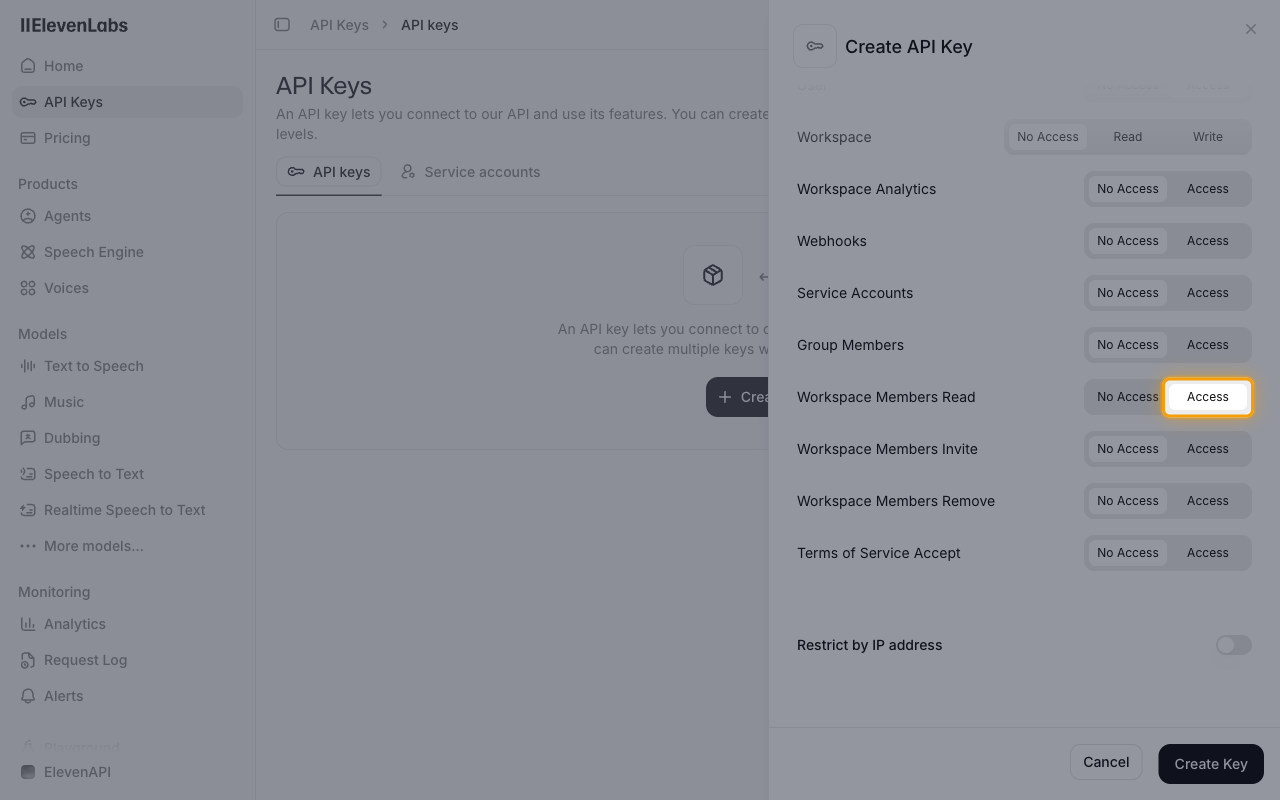 Create API Key panel scrolled to the Administration permissions with Workspace Members Read set to Access
