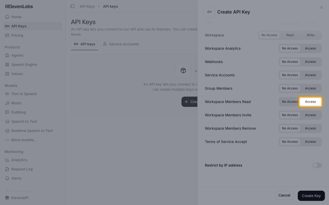Create API Key panel scrolled to the Administration permissions with Workspace Members Read set to Access