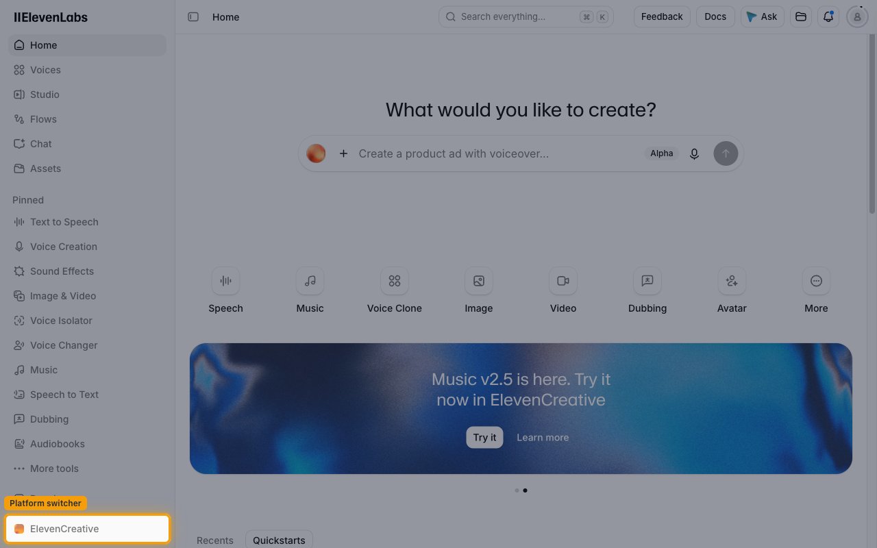 ElevenLabs home page with the platform switcher highlighted in the bottom-left corner