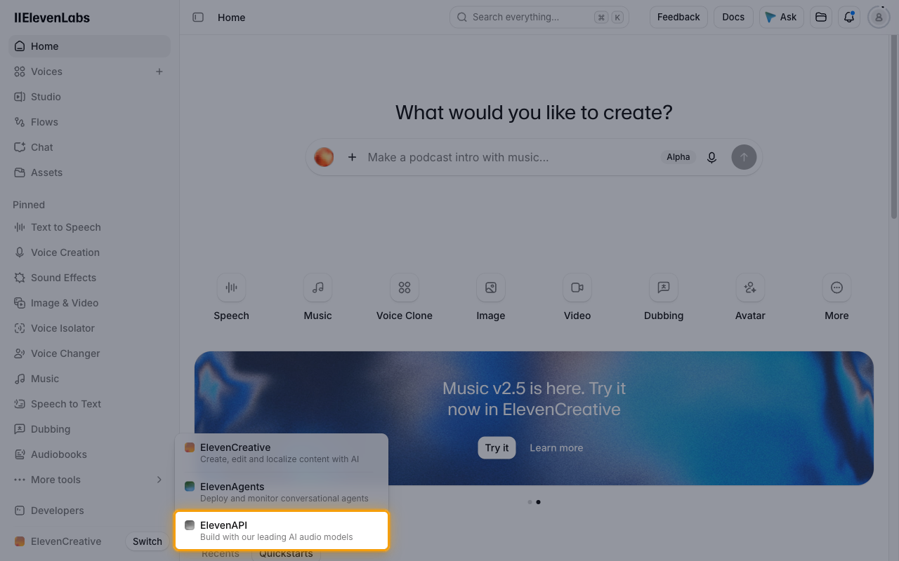 Platform switcher menu with the ElevenAPI option highlighted