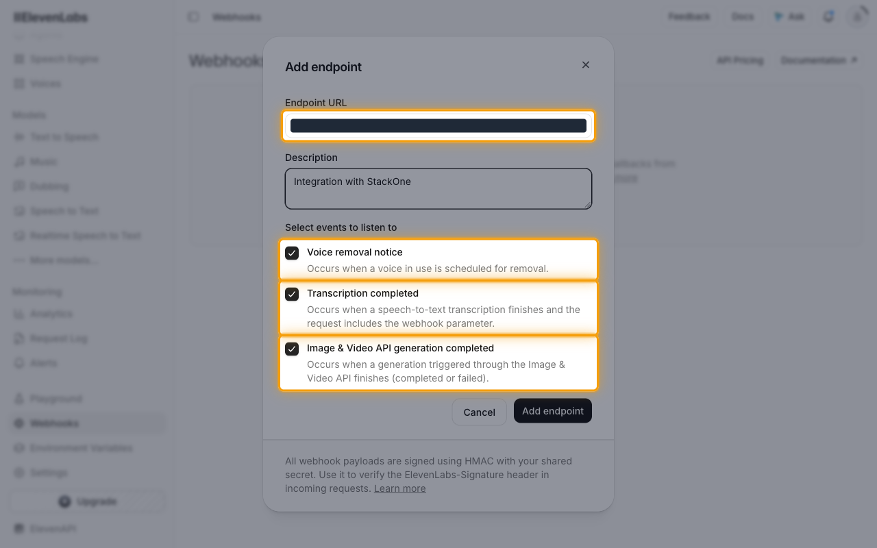 Add endpoint dialog with the Endpoint URL field and the three event options highlighted