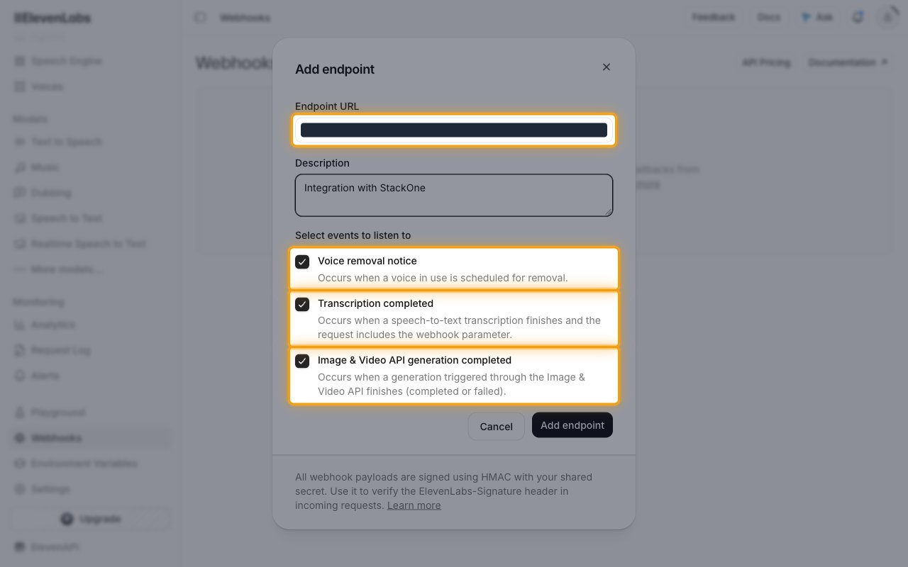 Add endpoint dialog with the Endpoint URL field and the three event options highlighted