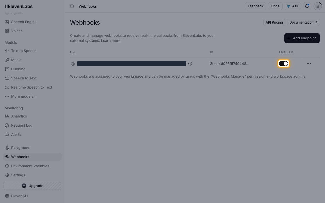 Webhooks list with the new endpoint and its ENABLED toggle highlighted