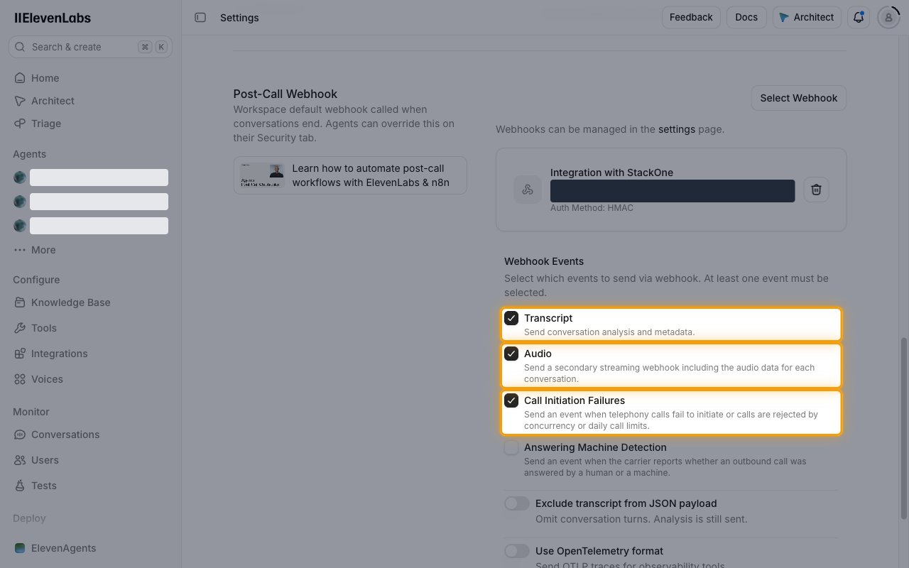 Post-Call Webhook section with Transcript, Audio and Call Initiation Failures checked
