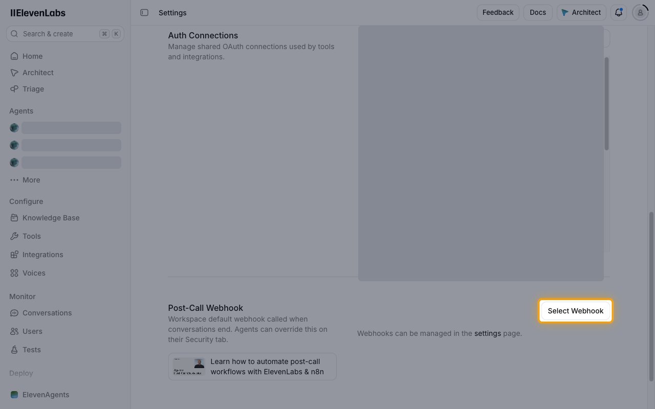 Agents settings page with the Select Webhook button in the Post-Call Webhook section highlighted