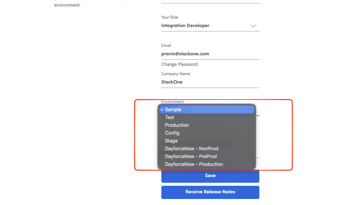 Developer Portal Environment dropdown with Sample selected