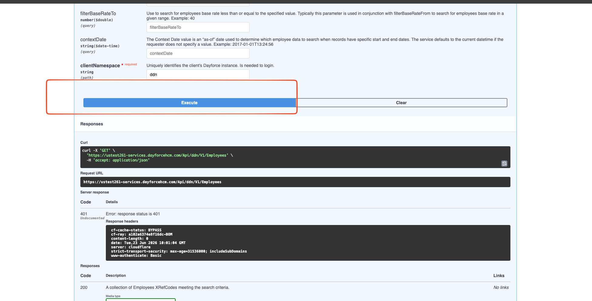 GET Employees request with the Execute button and Responses