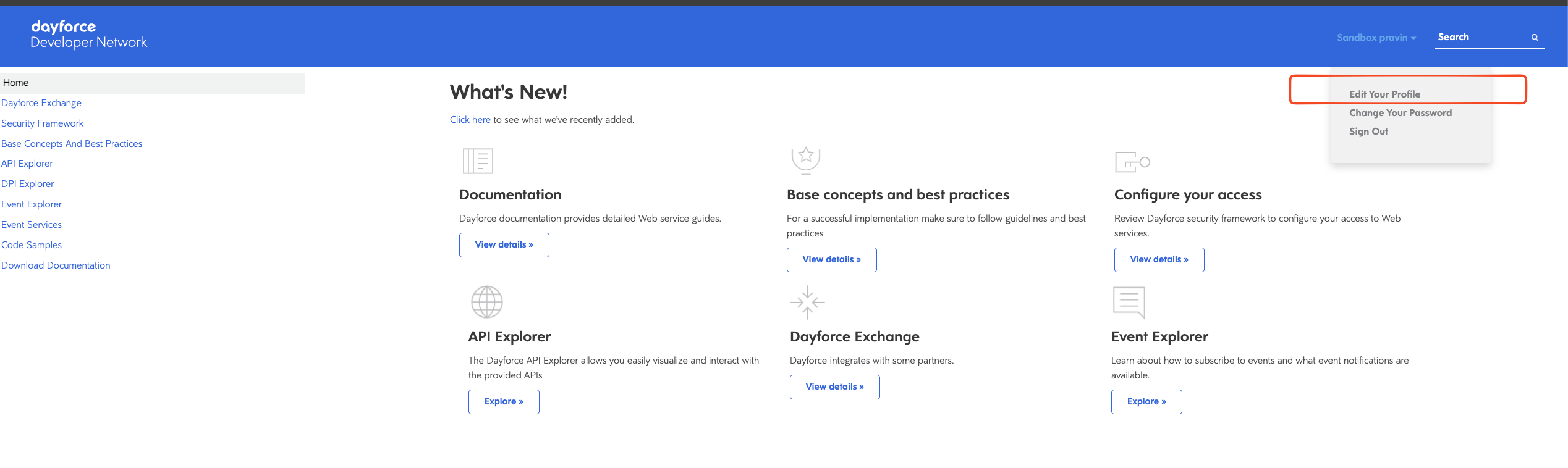 Developer Network Home page with the account menu open showing Edit Your Profile