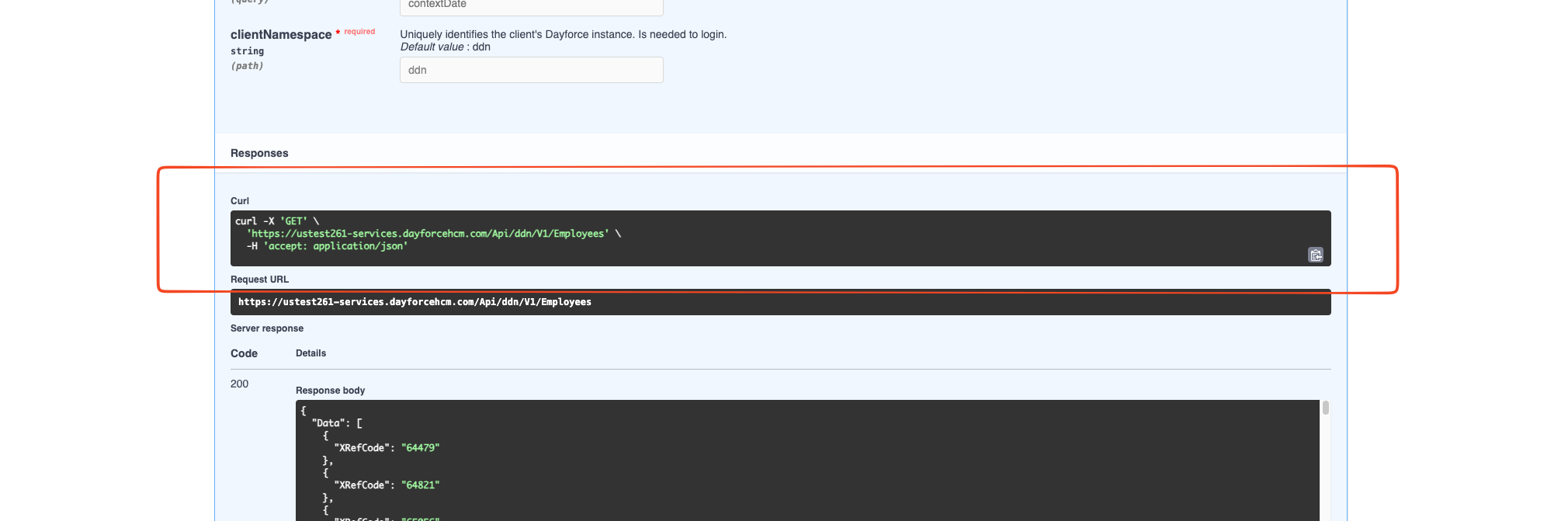 API Explorer request URL showing the sample host and ddn client namespace