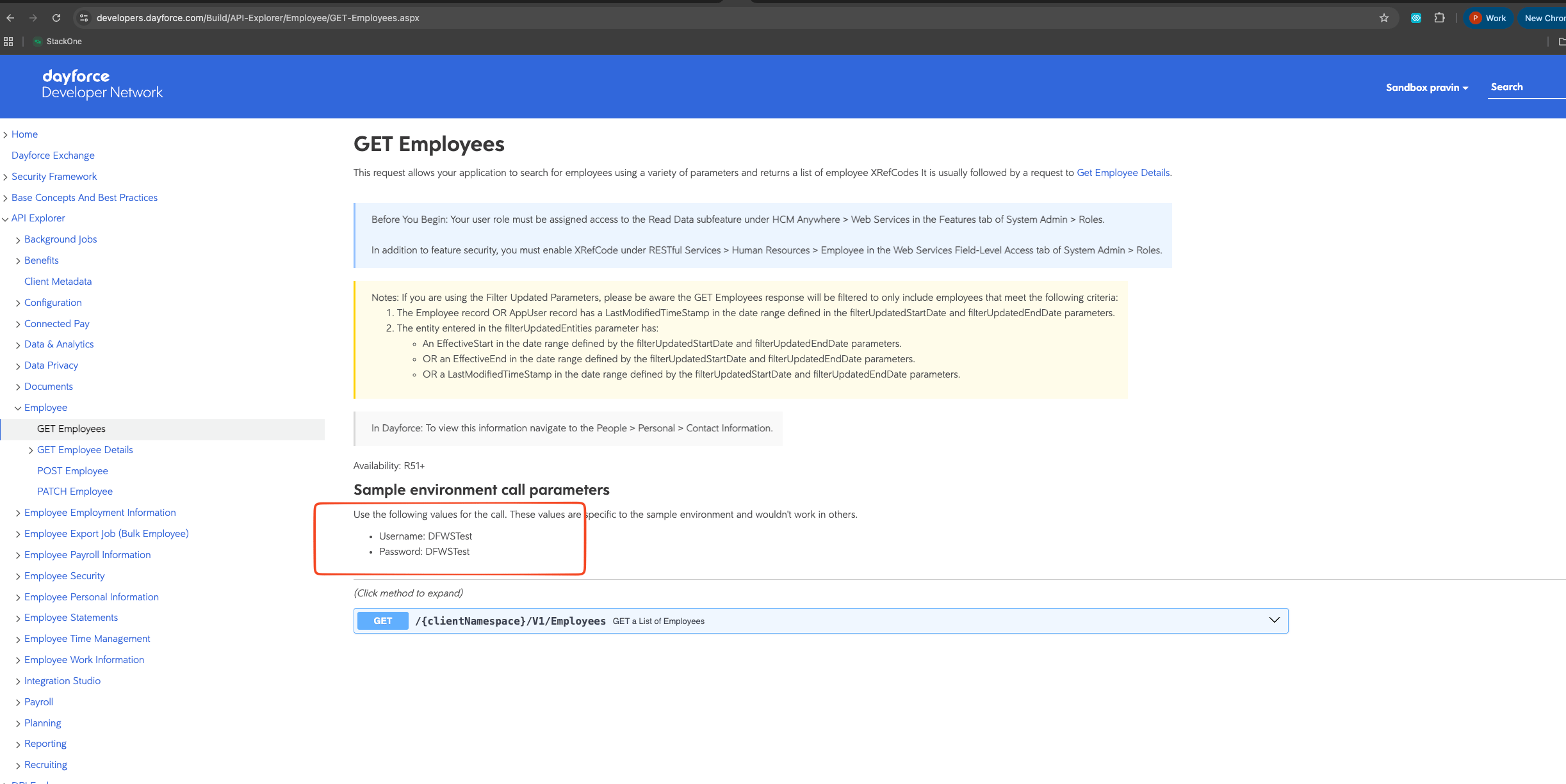 API Explorer showing the sample Web Services username and password