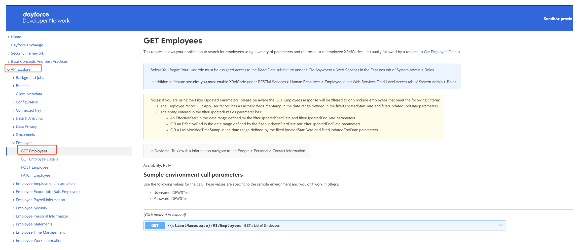 API Explorer side navigation expanded to API Explorer > Employee > GET Employees