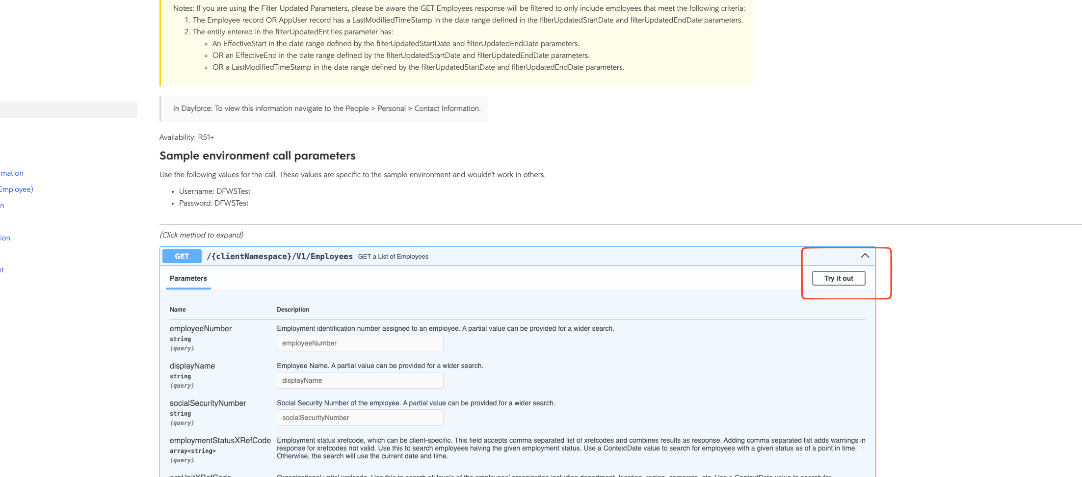GET Employees request with the Try it out button highlighted