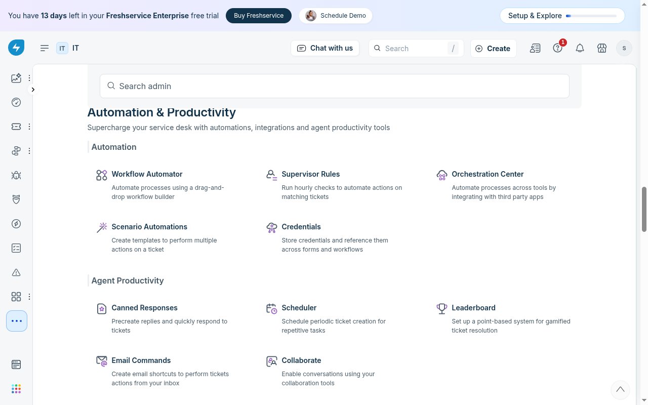 Freshservice Admin Automation & Productivity section with the Workflow Automator card under Automation