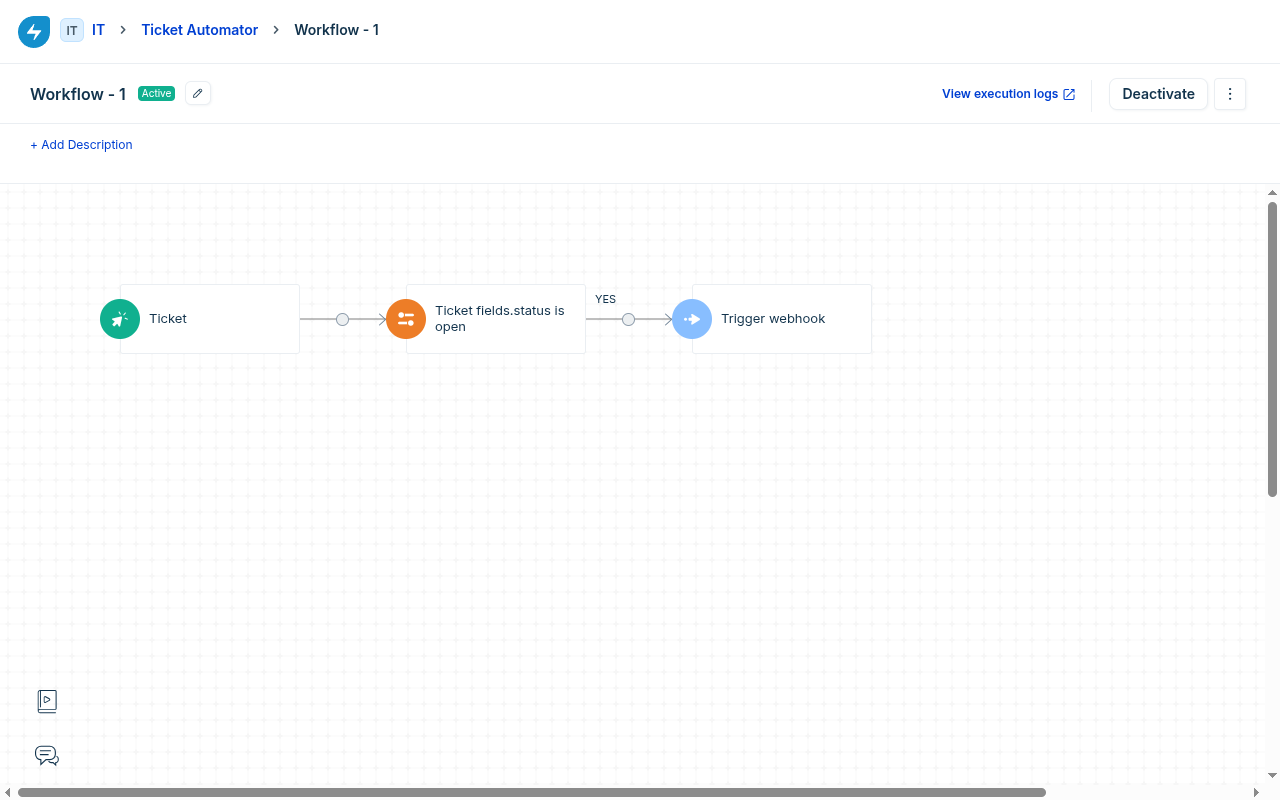 Freshservice workflow canvas showing the Ticket event, a condition, and the Trigger webhook action