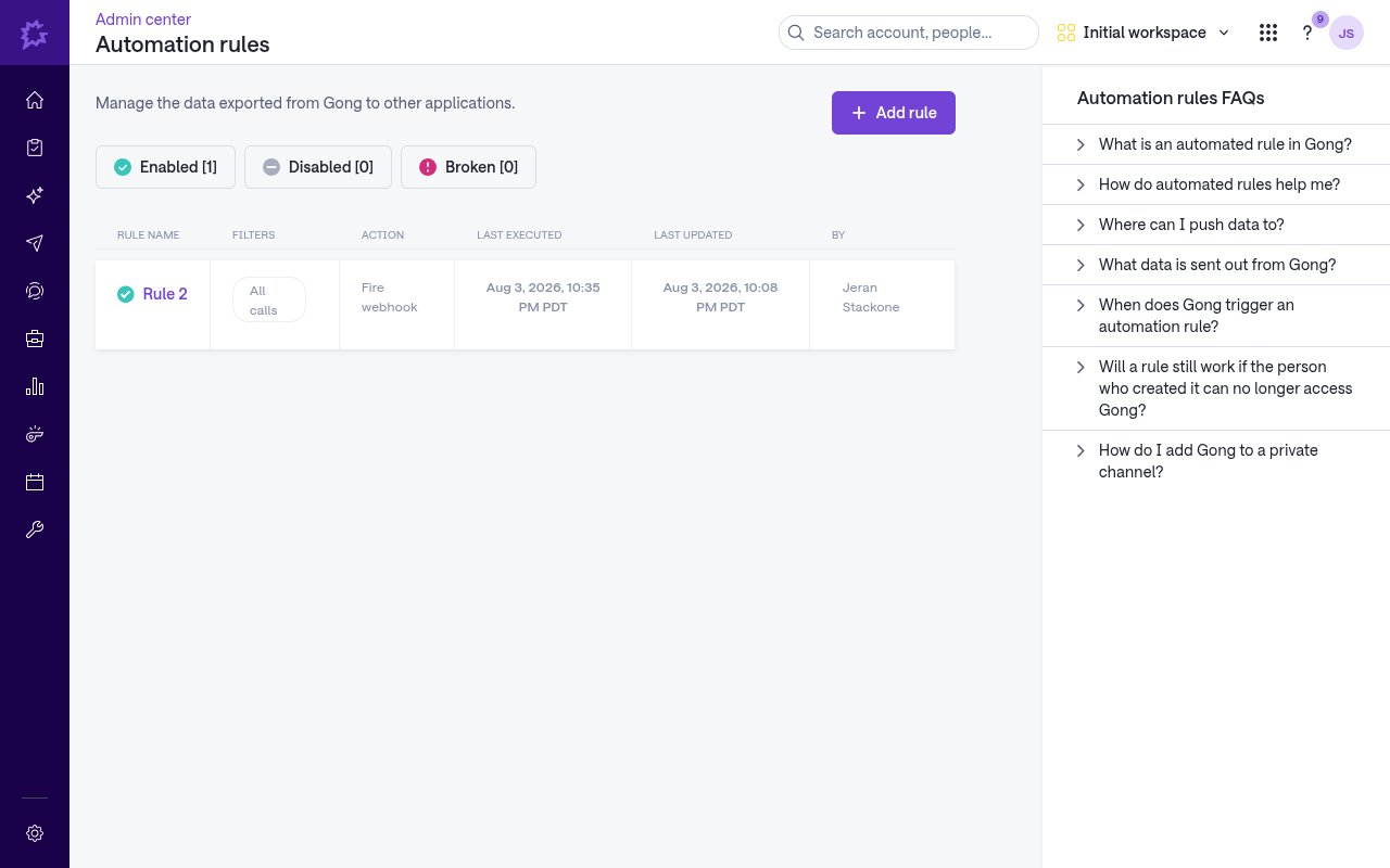 Gong Automation rules list page with the Add rule button and an existing Fire webhook rule