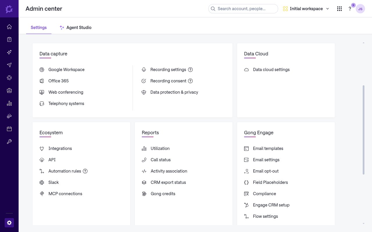 Gong Admin center Settings tab with the Ecosystem section and the Automation rules link
