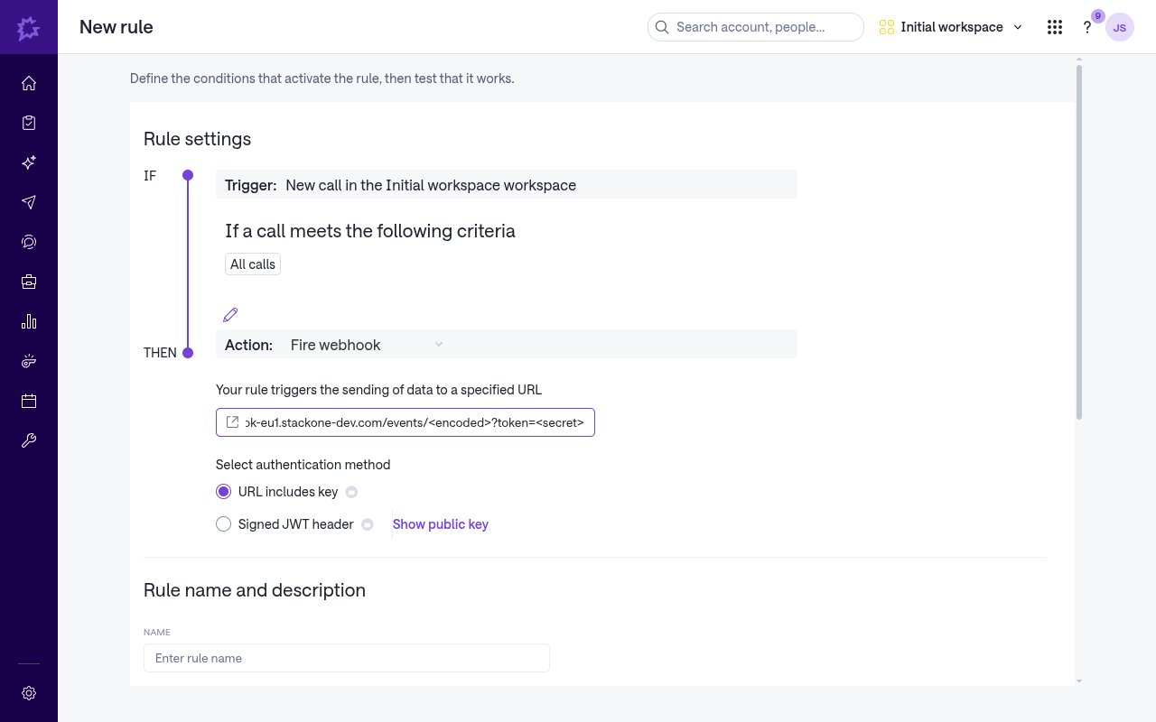 Gong new rule editor showing the Fire webhook action, the Enter URL field, and the URL includes key authentication option