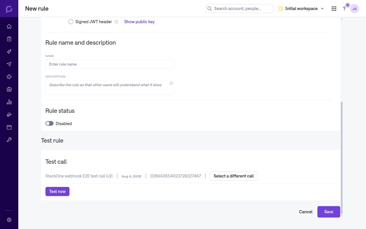 Gong new rule editor showing Rule name and description, Rule status toggle, the Test rule section with Test now, and the Save button