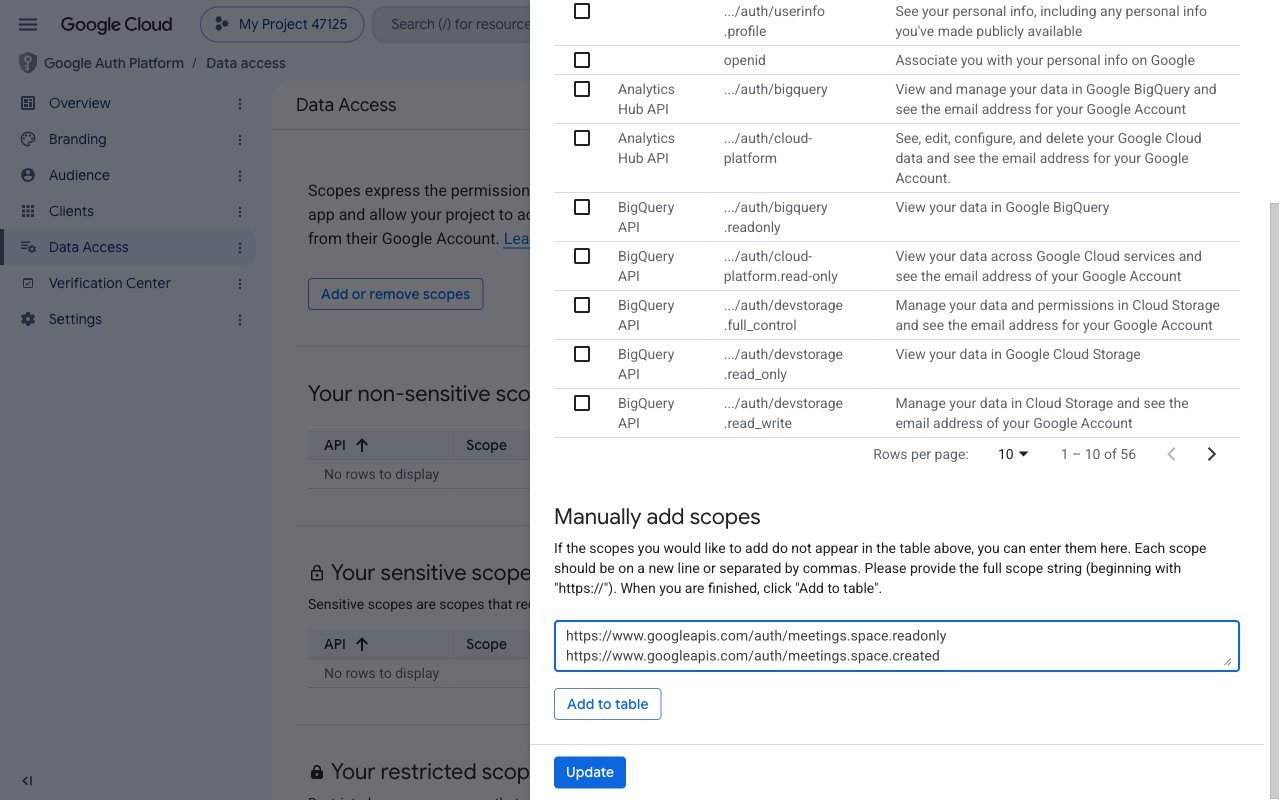 Manually add scopes box with the Google Meet scope URLs entered and the Add to table and Update buttons highlighted
