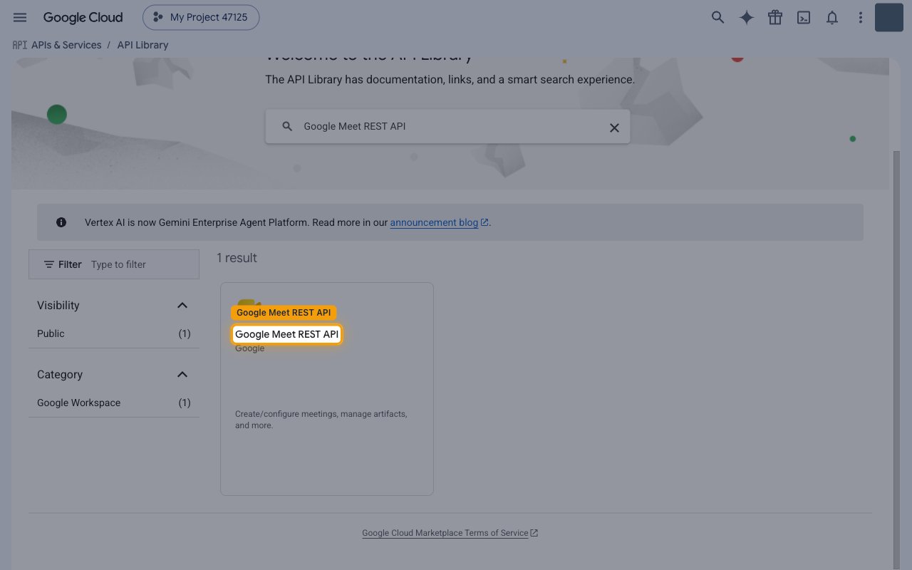 API Library search results showing the Google Meet REST API result highlighted