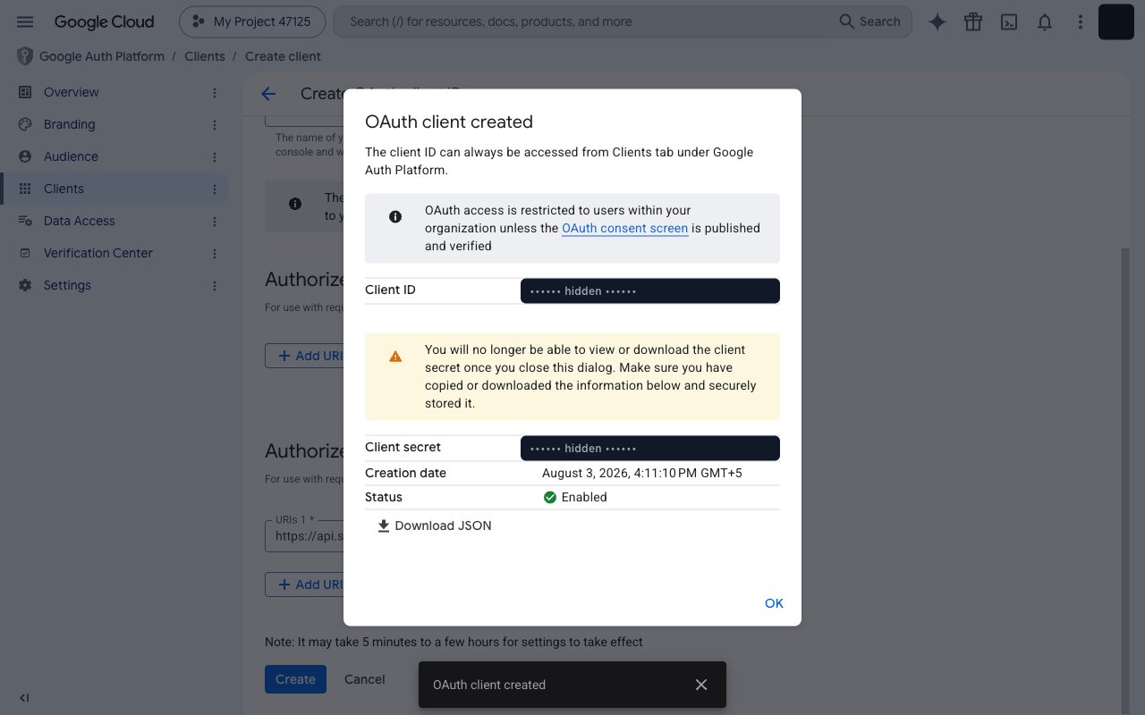 OAuth client created dialog showing the Client ID and Client secret fields (values redacted)