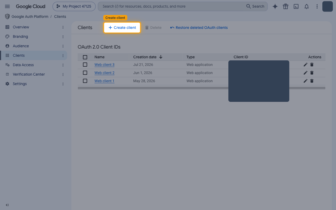 Clients page with the Create client button highlighted