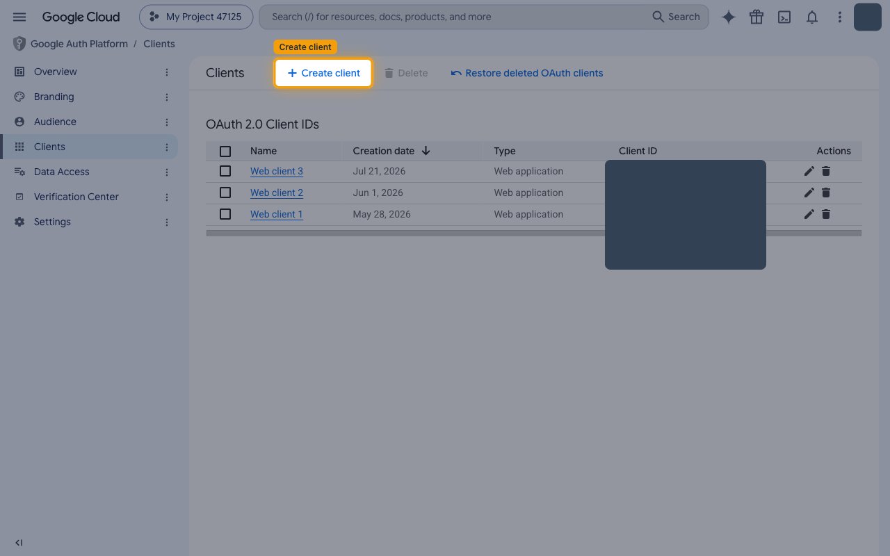 Clients page with the Create client button highlighted
